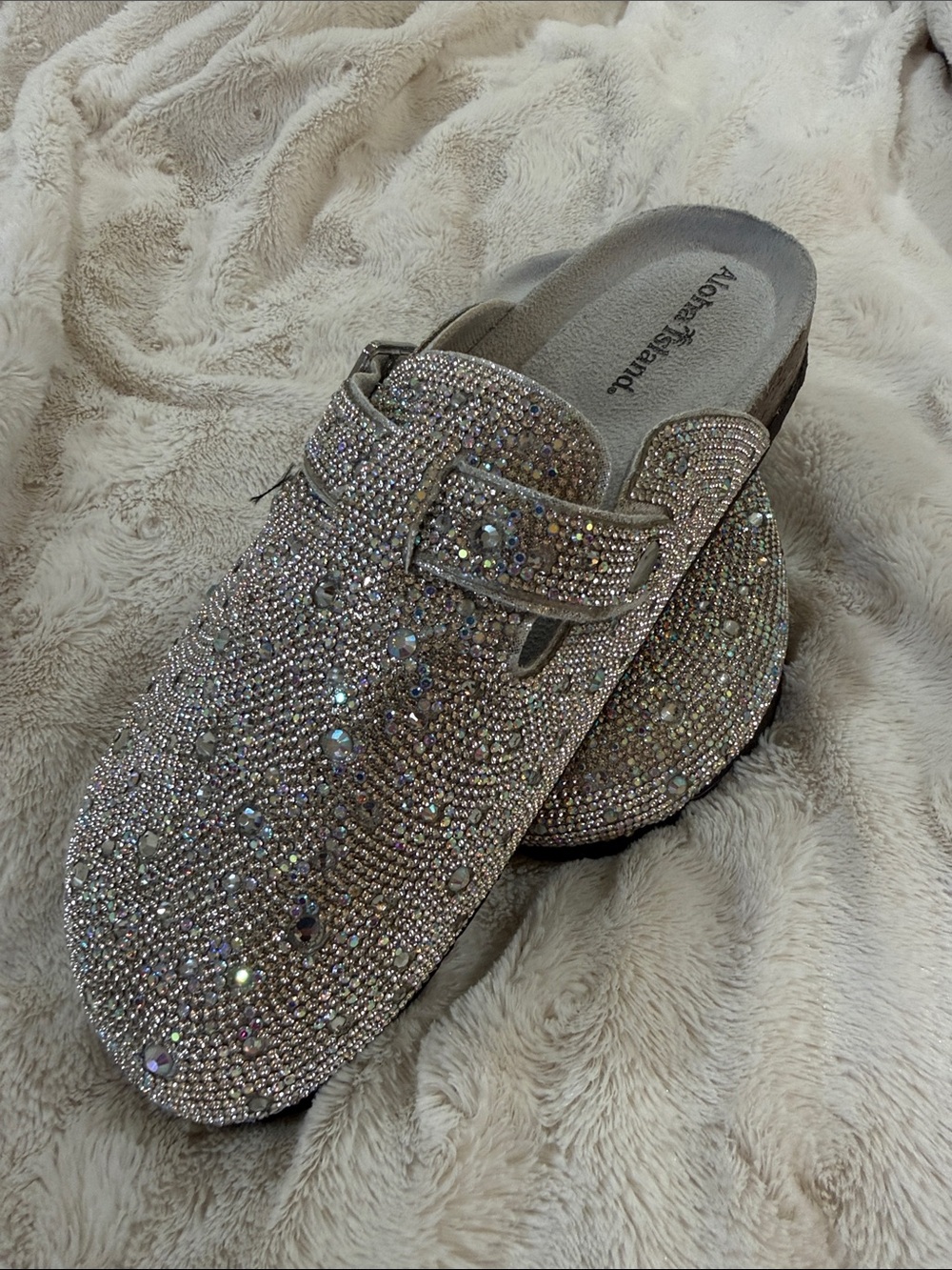 Aloha Island Crystal-Embellished Silver Clog Mules